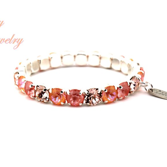 Flamingo Glow Peach and Pink Crystal Stretch Bracelet Made with Austrian Crystal - Picture 3 of 9